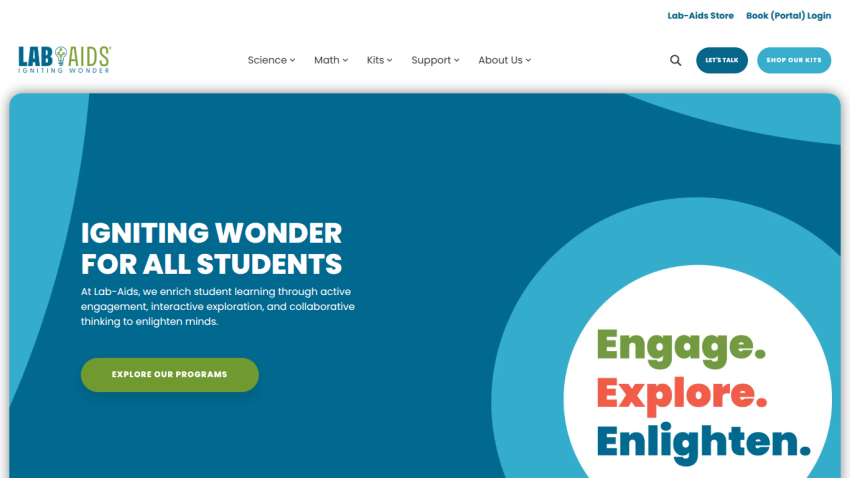 Lab-Aids homepage promoting student learning with active engagement, featuring Explore Our Programs button and tagline Engage Explore Enlighten