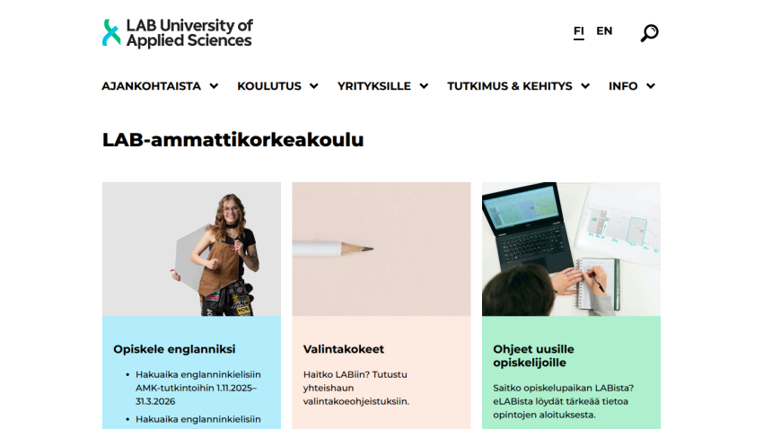 LAB University of Applied Sciences homepage with navigation menu and sections on studying English, entrance exams, and new student instructions.