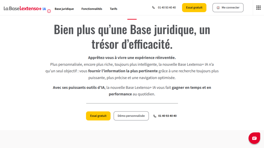 Homepage of Les Lecteurs with headline about a legal database and efficiency, call-to-action buttons for free trial and demo