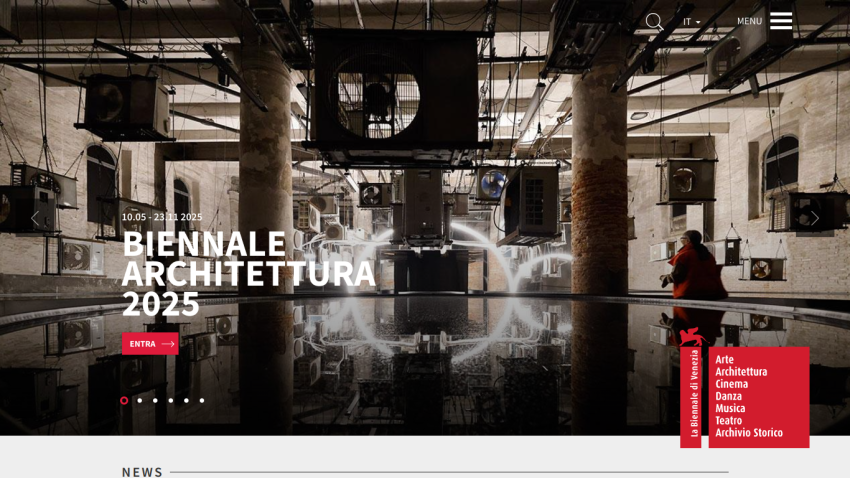 Homepage for Biennale Architettura 2025 featuring a modern art installation.