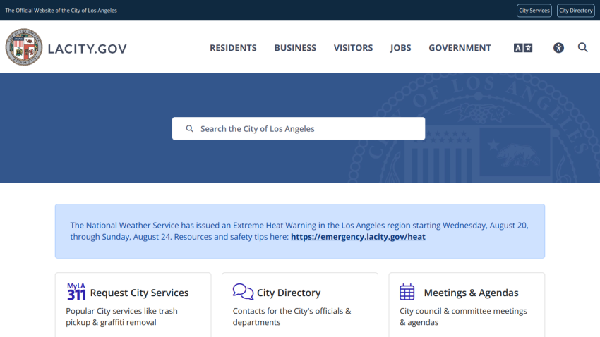 City of Los Angeles website with search bar and service links for residents and visitors.