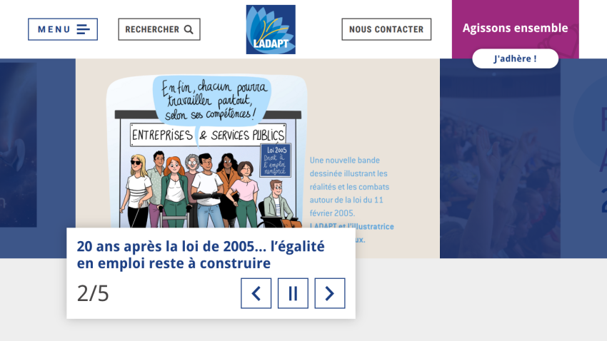 French website header with navigation and a hero section about employment equality 20 years after the 2005 law