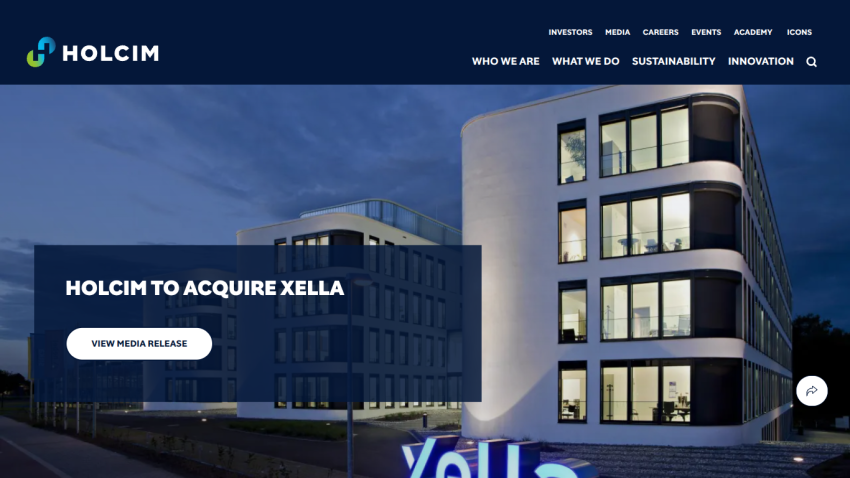 Holcim website announcing acquisition of Xella with a call to view media release and navigation menu
