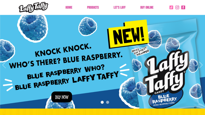 Laffy Taffy Blue Raspberry candy promotion with joke text and buy now button on blue background