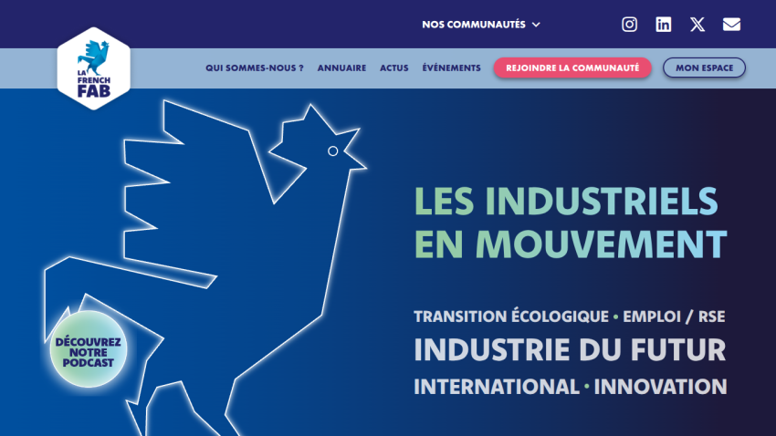 French industrial community website promoting ecological transition, employment, and innovation with podcast link.