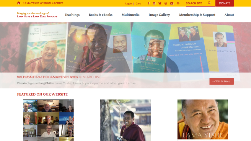 Lama Yeshe Wisdom Archive homepage featuring books by Lama Yeshe and Lama Zopa Rinpoche with navigation menu and donation button