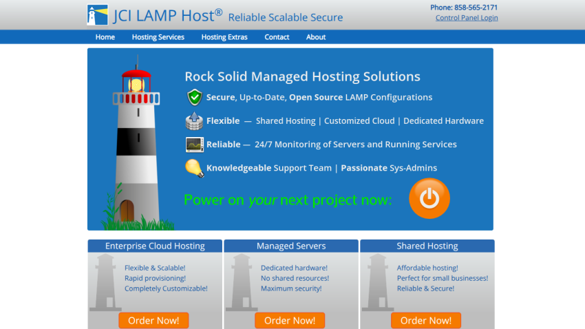JCI LAMP Host homepage showing managed hosting solutions with features and order button
