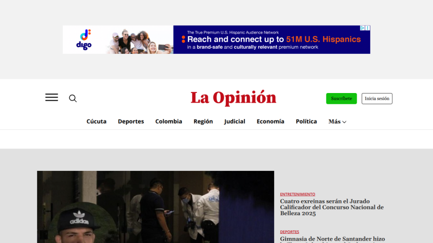 La Opinión news homepage with navigation menu, subscription buttons, and top news articles including entertainment and sports