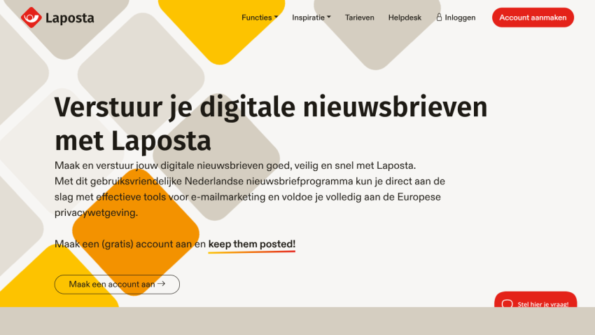 Laposta homepage with headline about sending digital newsletters securely, call-to-action button, and navigation menu