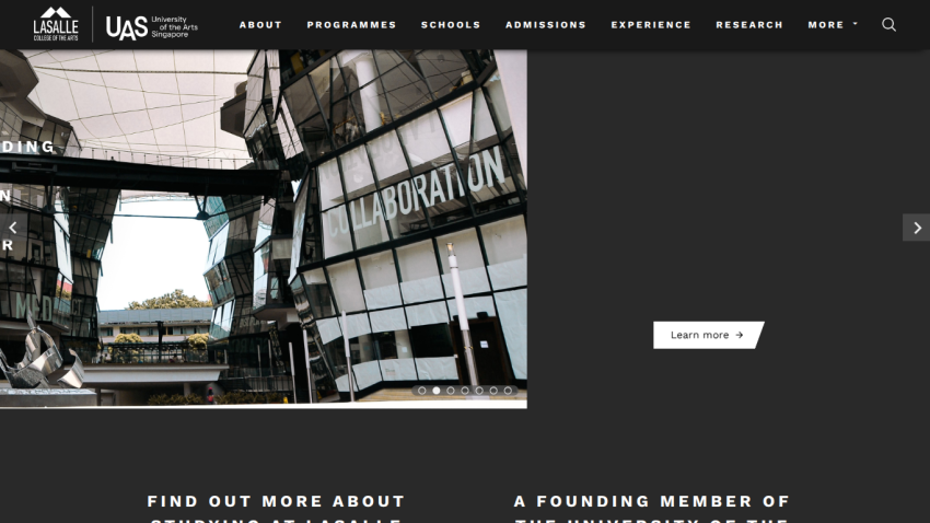 LaSalle College of the Arts homepage with navigation and a hero image showing modern architecture and collaboration theme