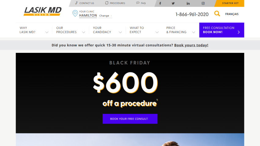 LASIK MD website offering $600 off a procedure for Black Friday with navigation and contact info visible