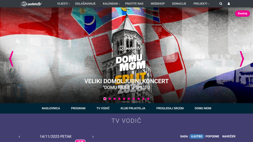 Website homepage featuring a large concert promotion banner with navigation menu and date details