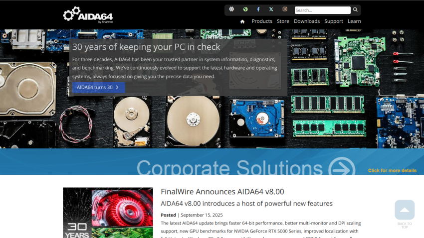 AIDA64 website celebrating 30 years with system diagnostics and benchmarking info, plus announcement of version 8.00 features.
