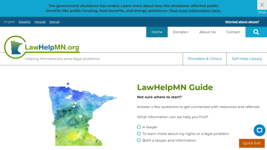 LawHelpMN homepage with a guide to connect Minnesotans to legal resources, featuring a watercolor Minnesota map and navigation links.