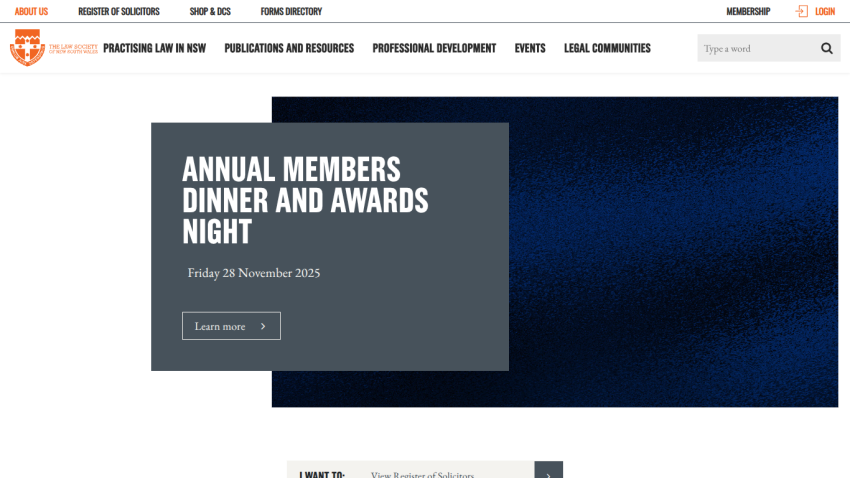 The Law Society of New South Wales website header with navigation and hero section promoting Annual Members Dinner and Awards Night on 28 November 2025