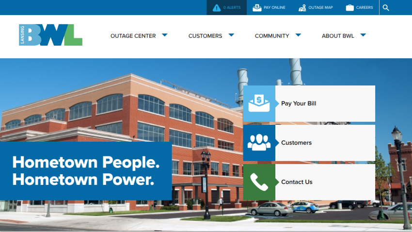 Lansing BWL homepage with navigation and options to pay bill, customer info, and contact, featuring a city building background