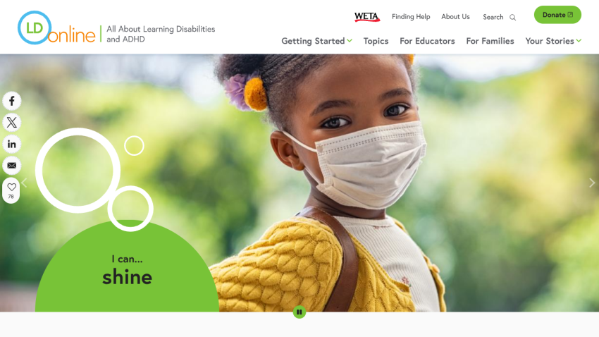 Homepage of LD Online featuring a child in a mask and the text 'I can... shine.'