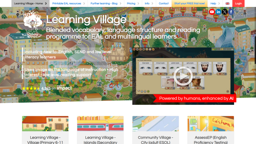 Learning Village homepage offering blended vocabulary and language programs for EAL and multilingual learners with video and navigation links