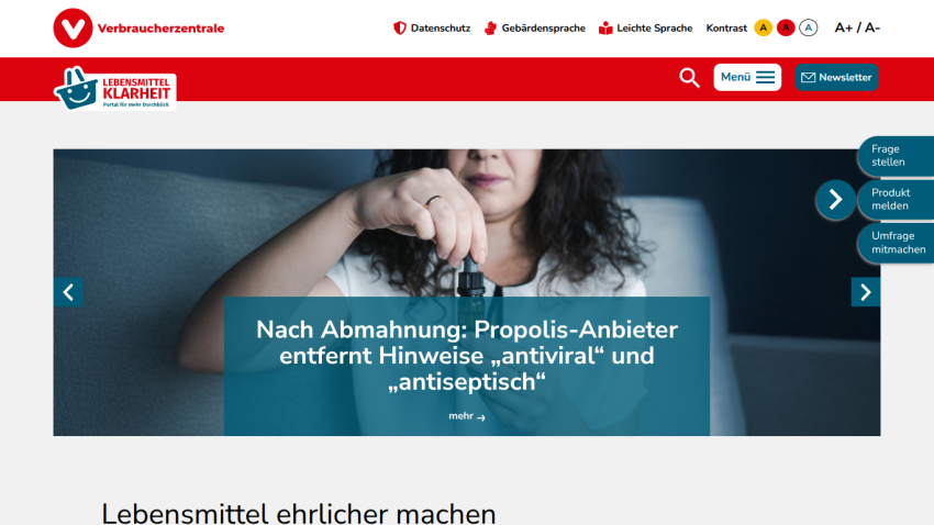 Website header with Verbraucherzentrale logo and navigation