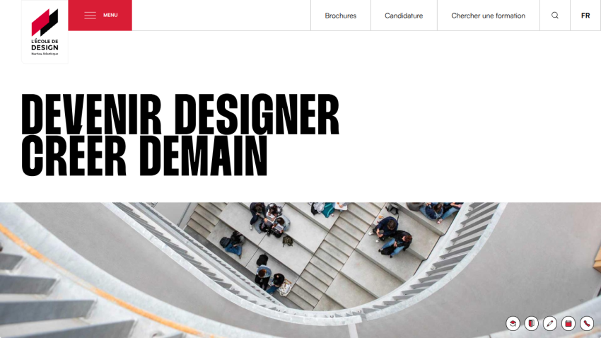Design school homepage with headline 'Devenir Designer Creer Demain' and aerial photo of people on stairs