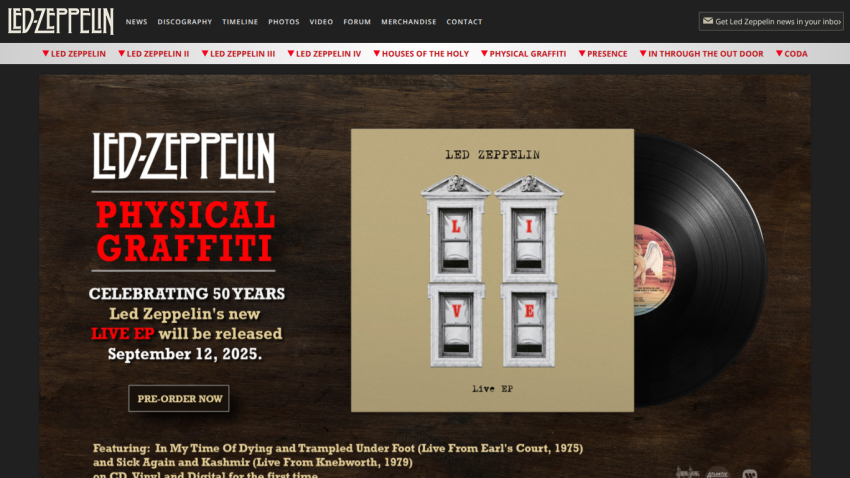 Led Zeppelin's Physical Graffiti live EP announcement with preorder details.