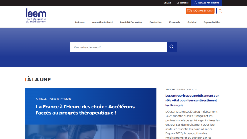 Leem website homepage with navigation menu, search bar, and featured articles on therapeutic progress and medication companies' societal role.