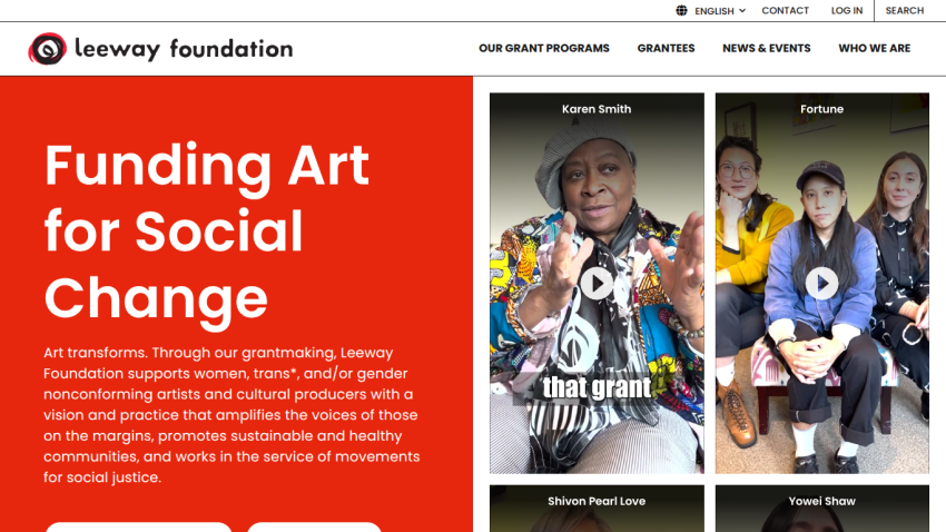 Leeway Foundation homepage with mission statement on funding art for social change and video thumbnails of grantees Karen Smith, Fortune, Shivon Pearl Love, and Yowei Shaw