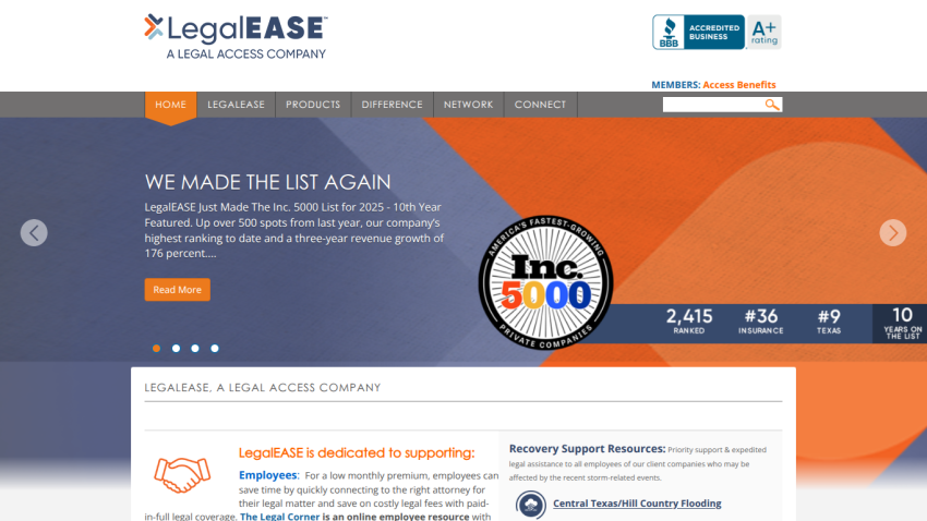 LegalEASE homepage highlighting Inc. 5000 list achievement and support resources for employees and recovery