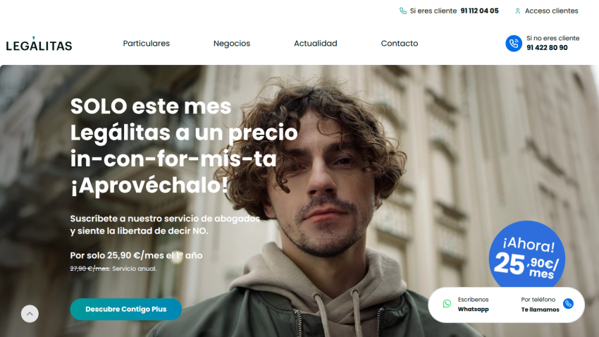Legalitas homepage offering a special monthly subscription price for legal services with contact options