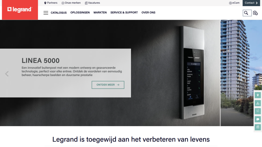 Legrand website hero section showcasing LINEA 5000 innovative outdoor intercom with modern design and advanced technology