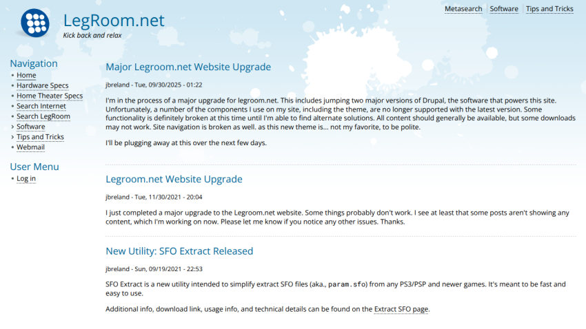 LegRoom.net homepage with navigation links and posts about website upgrades and new utility release