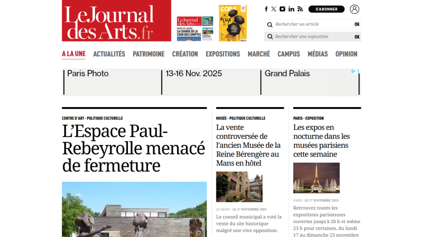 Le Journal des Arts homepage with headlines on cultural politics, museum controversies, and Paris exhibitions, dated November 2025.