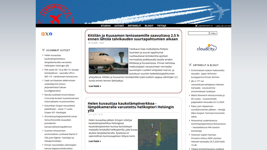 News website with aviation articles, headlines about Kittilä and Kuusamo airports, and thermal camera helicopter in Helsinki
