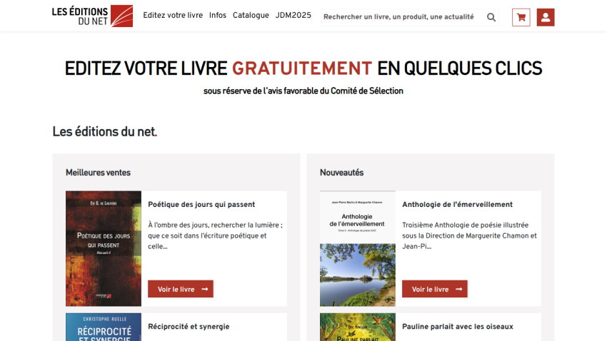 Homepage of Les Éditions du Net offering free book editing with sections for bestsellers and new releases.