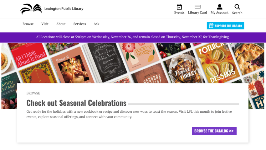 Lexington Public Library homepage promoting seasonal celebrations with cookbook and recipe event info