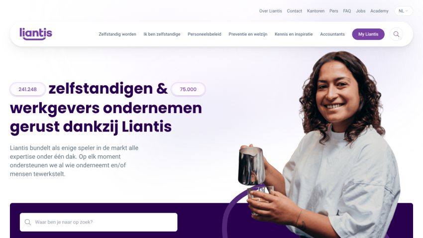 Liantis homepage hero with headline about self-employed and employers, search bar, and smiling woman holding a phone