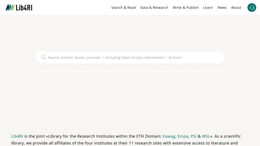 Library for the Research Institutes within the ETH Domain with search bar for articles, books, journals, and open access info