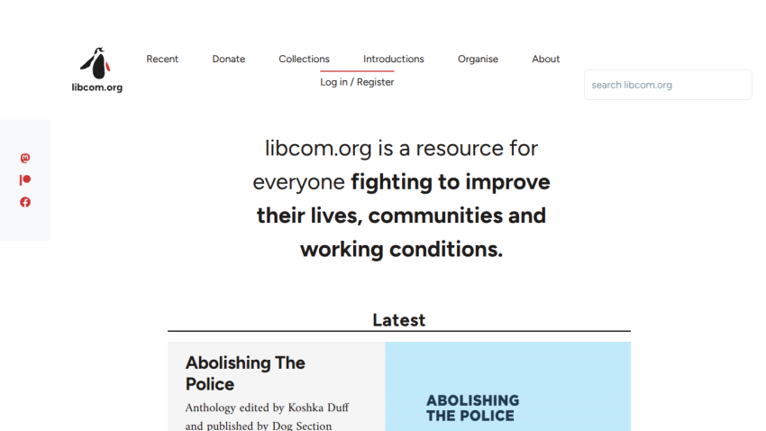 Homepage of libcom.org promoting resources for social improvement.