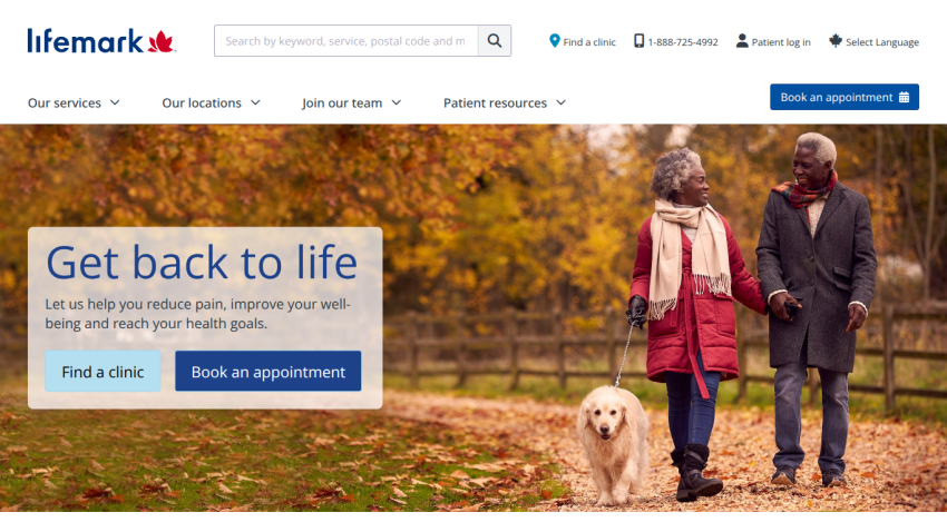 Homepage featuring a couple walking a dog with a call to action to book an appointment.