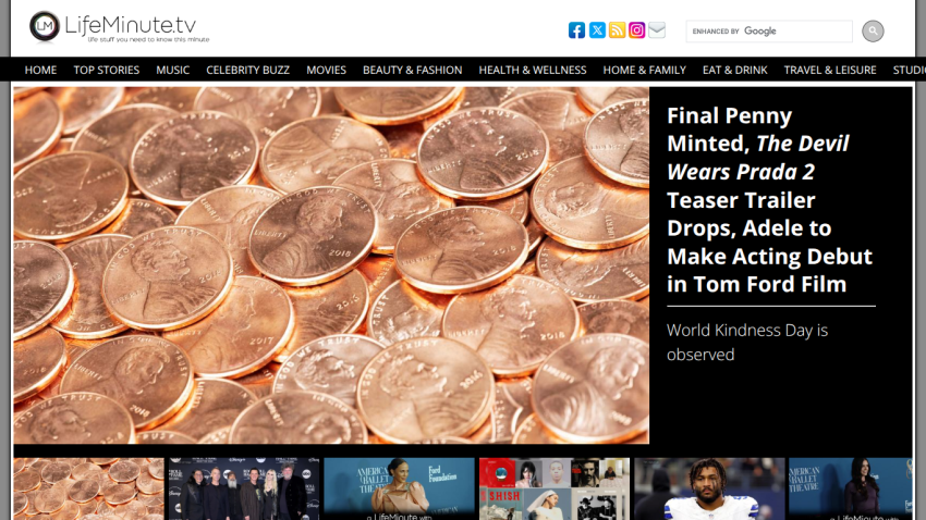 LifeMinute.tv homepage with navigation menu, hero image of pennies, and headline about Adele's acting debut in Tom Ford film