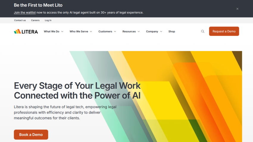 Homepage of Litera showcasing AI solutions for legal professionals with a colorful design.
