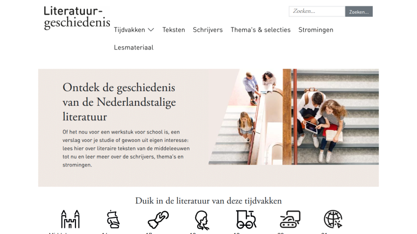 Homepage of a Dutch literature history site with navigation, search bar, and introduction to literary texts and authors