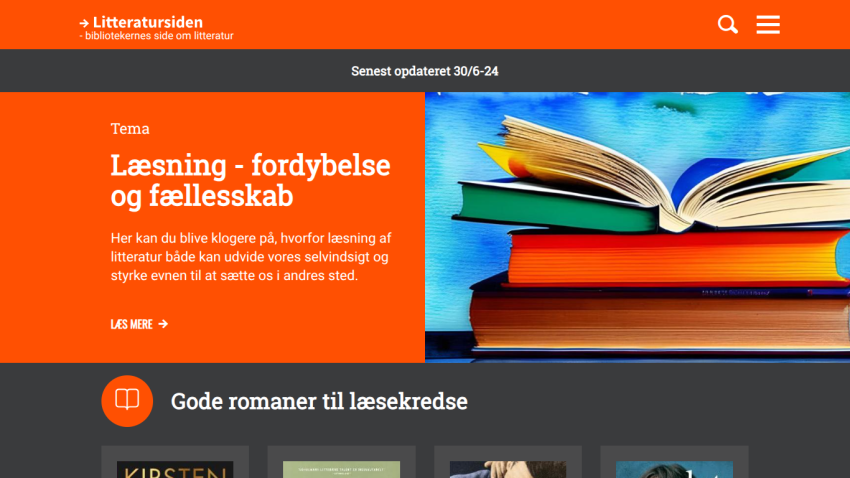 Literature site header and hero section about reading, immersion, and community with a stack of books image