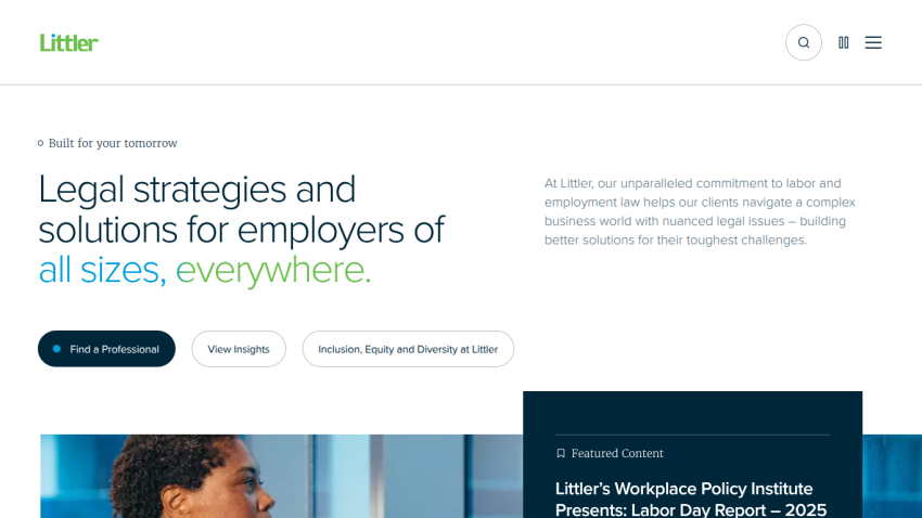 Homepage of Littler showcasing legal strategies for employers with a focus on diversity.