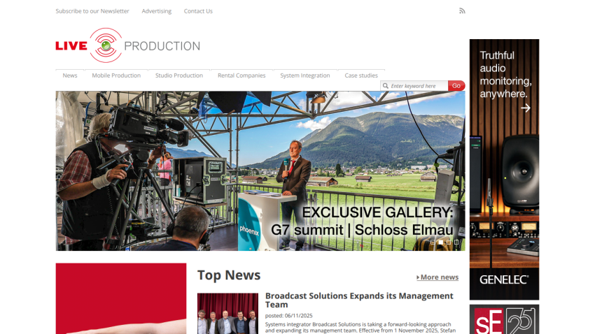 Live Production website with navigation, exclusive G7 summit gallery, and top news on broadcast solutions management