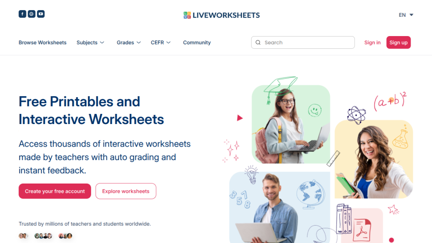 Homepage featuring free printables and interactive worksheets with a call to action to create an account.