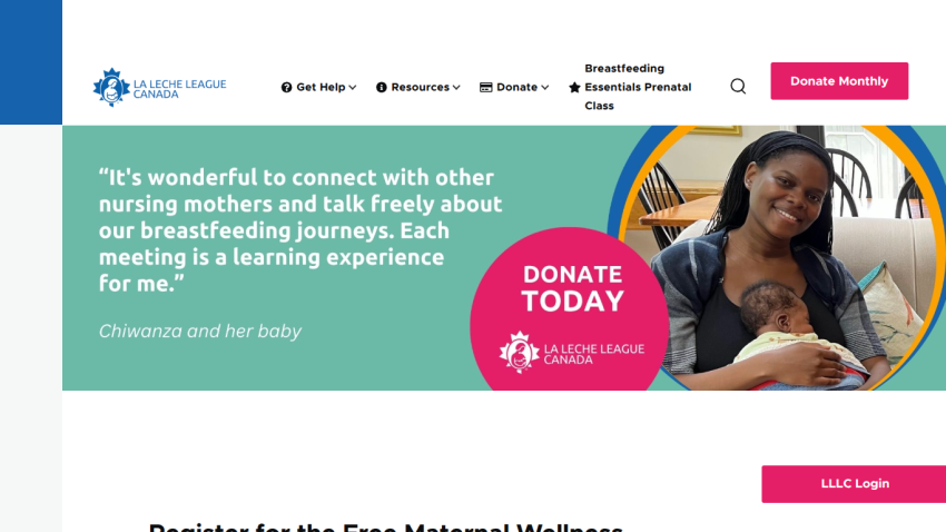 La Leche League Canada homepage with breastfeeding support quote, donate button, and navigation links