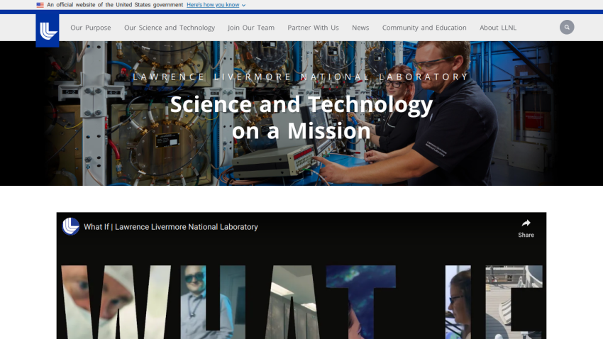 Homepage of Lawrence Livermore National Laboratory featuring a mission statement on science and technology.