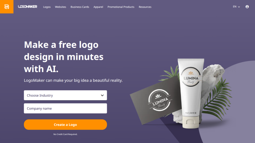 Homepage for logo design service featuring a logo creation form and promotional products.