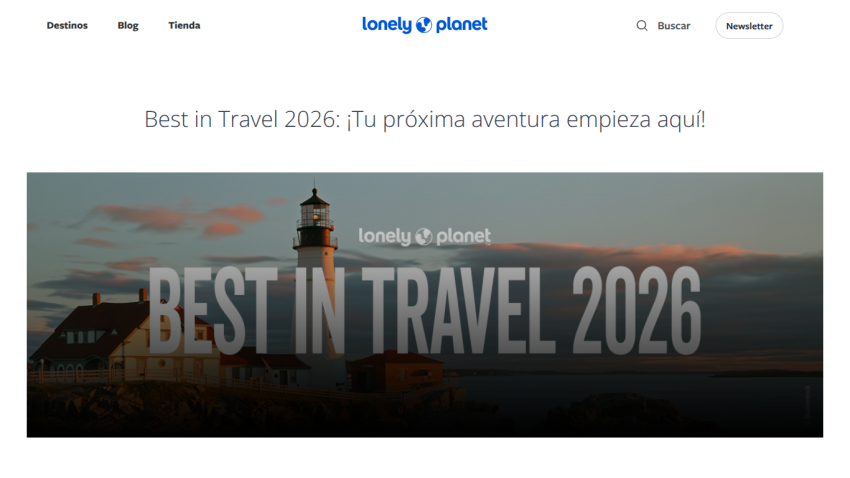 Lonely Planet homepage featuring Best in Travel 2026 with lighthouse image and navigation links.